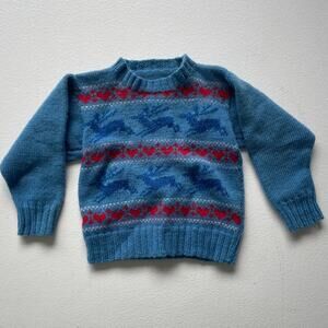 Vtg 70s 80s BABY KIDS Blue Knit Patterned Sweater / Deer Hearts Retro Kitschy